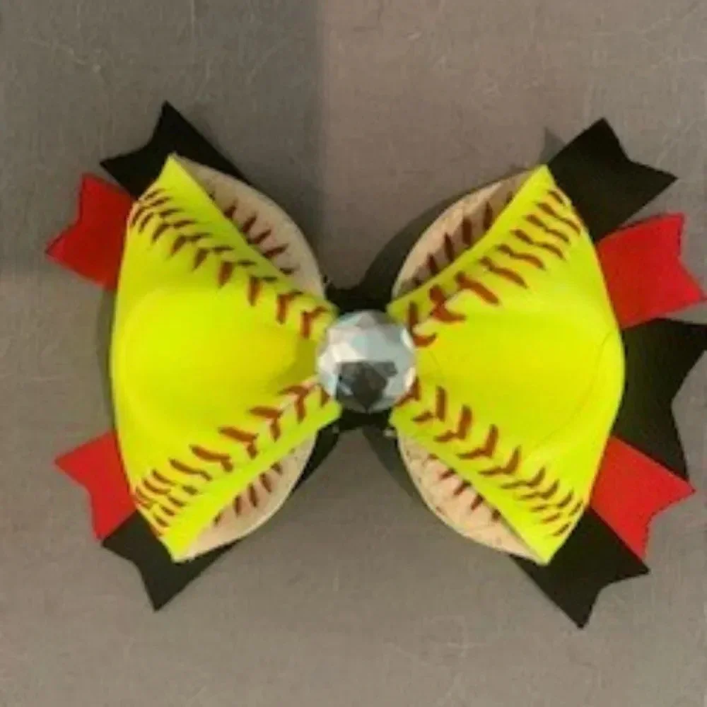 Softball yellow/black/red big hair bow EUC‎